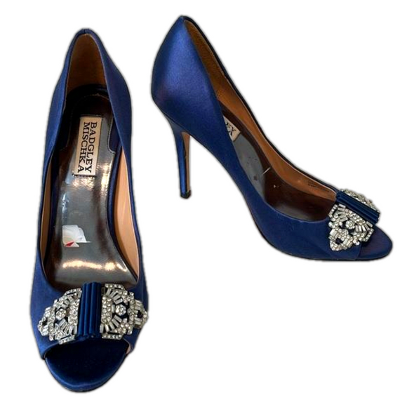 Badgley Mischka Shoes - Badgley Mischka peep toe blue satin pumps with rhinestones sz 7